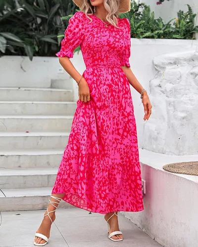 Vista 70 de BTFBM Vestidos para mujer, cuello redondo, casual, de verano, con volantes, manga corta, bohemio, con niveles, fruncido, largo, con estampado floral