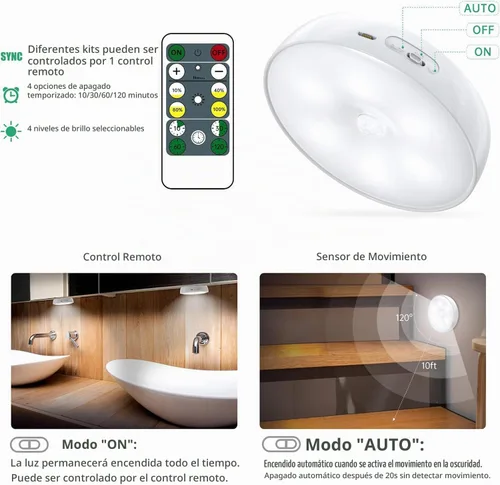 Vista 2 de Luces LED para Armario con Sensor de Movimiento Tipo Disco, Luces de Disco Recargables para Escalones, Iluminación Regulable Bajo Gabinete
