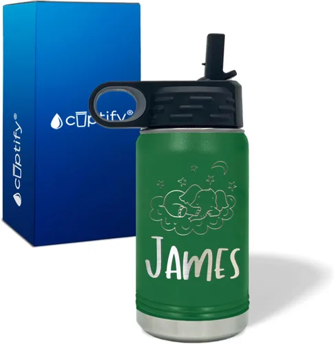 Vista 3 de Botella de agua para niños personalizada con nombre en botella de agua aislada con anillo verde mate de 12 onzas