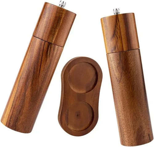 Vista 4 de CHILDWEET Manual Pepper Grinder Mill Set, 8-inch Cylindrical Acacia Wood with Ceramic Core, Refillable Salt and Pepper Crusher with Base for Kitchen