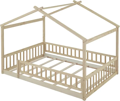 Vista 6 de RUNNA Marco de cama de madera de tamaño matrimonial con valla, para niños, adolescentes, niñas, niños, (Natural-Thinck 4col)