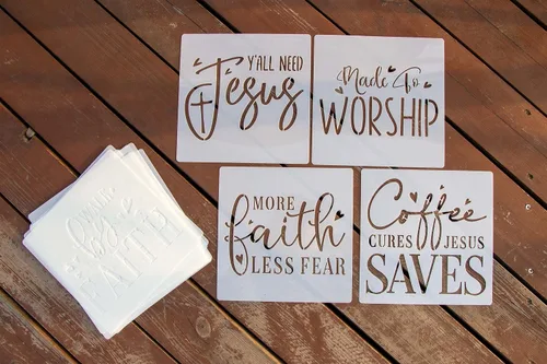 Vista 6 de Juego de plantillas inspiradoras de palabras, 16 plantillas de fe cristiana con citas y versículos de la Biblia, ideal para pintar en madera