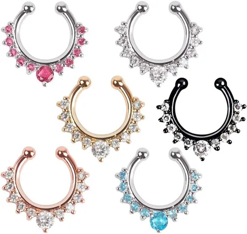 Vista 5 de XUKEKOY 6 piezas de joyería falsa para tabique, anillo de nariz con clicker, strass, sin perforación, clip para colgar, joyería corporal