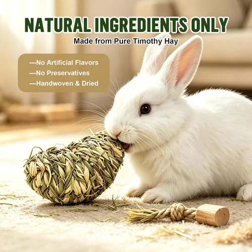 Vista 4 de 7 piezas de juguetes masticables de conejo, bola masticable natural de hierba Timothy para conejos, conejito molar y jugar hierba palo de juguete