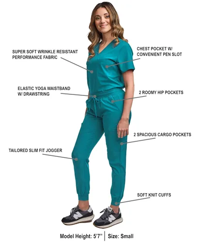 Vista 2 de Green Town Conjunto de ropa quirúrgica para mujer, pantalón deportivo y parte superior con cuello en V, 5 bolsillos, cintura de yoga, uniforme