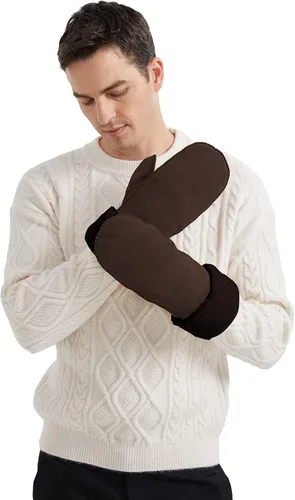 Vista 3 de Surblue Manoplas de gamuza de oveja de invierno para hombre, piel de oveja de alta calidad, cálido puño grueso forrado de lana de cordero