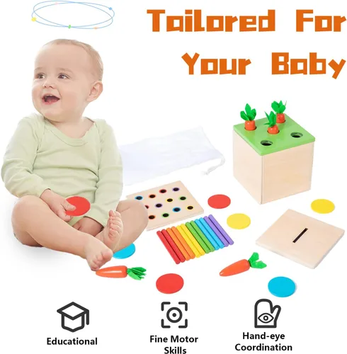 Vista 3 de Juguetes Montessori de madera para regalos de bebé de 1, 2 y 3 años, la caja del kit de juego incluye juegos de cosecha de zanahorias, caja