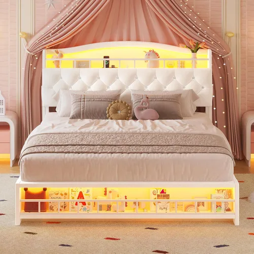 Vista 14 de HAUOMS Cama de princesa individual con luces LED y 4 cajones para niñas