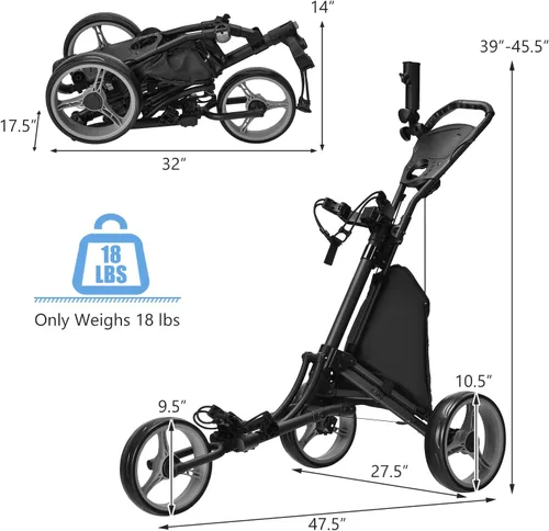 Vista 8 de Tangkula Carrito de golf de empuje, carrito de empuje plegable de aluminio ligero de 3 ruedas, carrito de golf con correa elástica, paraguas y Gris