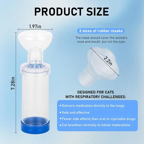 Vista 2 de Espaciador inhalador para gatos, 2 tamaños de máscara para dar medicamentos a tu mascota, ayuda al gato con la respiración y la entrega