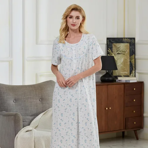 Vista 7 de Keyocean - Camisón de manga corta para mujer, 100 % algodón, suave, cómodo, ligero, con encaje, para verano, ropa de dormir Floral azul