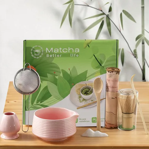 Vista 7 de Juego de 8 batidores de matcha, cuenco de bambú Chasen Matcha con boquilla, tamiz, cuchara, soporte para batidor, alfombrilla de bambú, kit completo