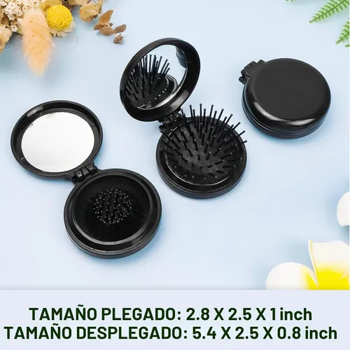 Vista 4 de Paquete de 10 mini cepillos de pelo plegables de viaje con espejo, cepillos Negro