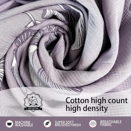 Vista 5 de Colcha reversible de algodón con patrón de hoja de ginkgo, ligera, de muselina, edredón de verano tamaño queen, suave, transpirable, colcha Púrpura 1