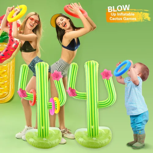 Vista 5 de 4 Set Inflatable Cactus Ring Toss Games Includes 4 Pcs 25 Inch Large Inflatable Cactus with 16 Pcs/ 20 Pcs Blow Up Ring Toss for Summer Pool Water