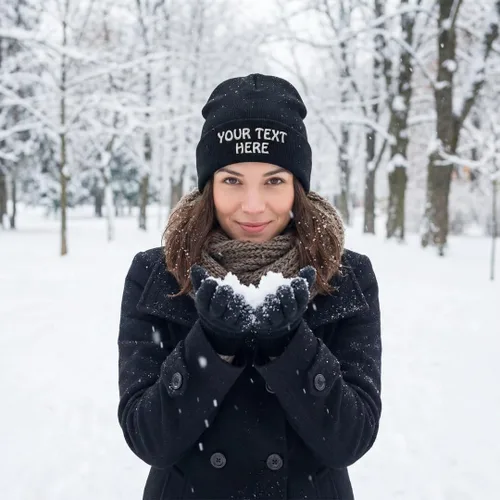 Vista 3 de Gorro de invierno para hombres y mujeres, gorro de acrílico con texto personalizado personalizado Negro