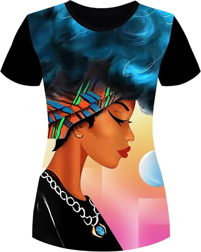 Vista 12 de Camisa para mujer con estampa 3D de mujer negra, con afro, pelo natural, camisa informal Negro-10