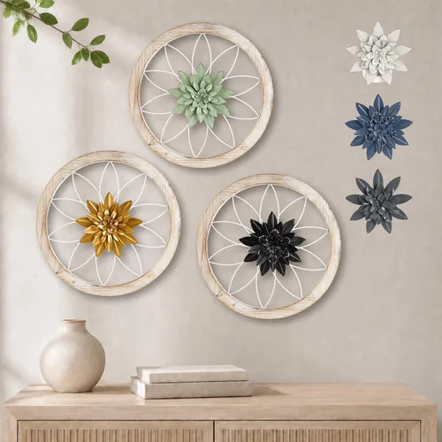 Vista 10 de Paquesta Decoración de Pared de Granja Redonda de 3 Piezas con 6 Flores Intercambiables de 12'' Medallón de Madera y Metal Arte de Pared Rústico