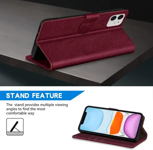 Vista 5 de ZZXX Funda tipo cartera para iPhone 11 con bloqueo RFID, ranura para tarjetas, función atril, cierre magnético, funda protectora de cuero para Rojo