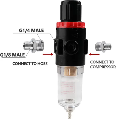 Vista 3 de SAGUD Compresor de aerógrafo Regulador de presión de aire Mini filtro en línea Aceite Trampa de agua humedad con adaptador de aerógrafo, ajuste
