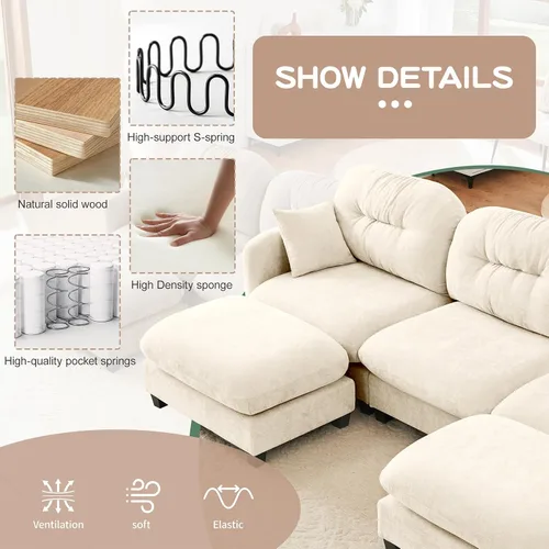 Vista 7 de Sofá modular de gran tamaño de 74 pulgadas, sofás seccionales grandes beige para sala de estar, juego de sofá esponjoso de felpilla, cómodos sofás