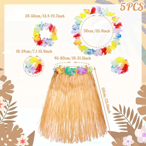 Vista 3 de Paquete de 5 faldas hawaianas de hierba hula para fiesta de Hawaii Luau, falda de baile Hula con accesorio de disfraz de fiesta hawaiana Lei Hawaii