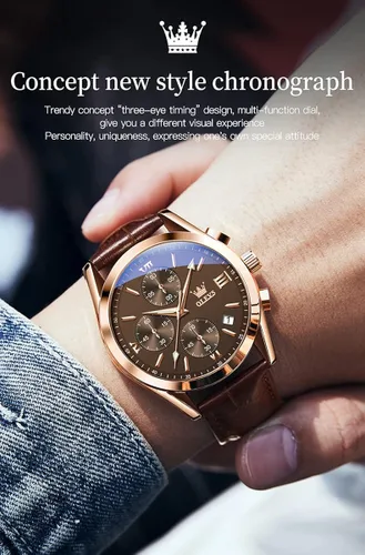 Vista 3 de OLEVS Reloj cronógrafo de cuarzo para hombre correa de cuero dorada con fecha de día reloj de pulsera de acero inoxidable impermeable relojes