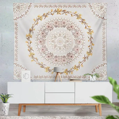 Vista 3 de Tapiz bohemio naranja para colgar en la pared, medallón floral de mandala, tapiz hippie con diseño de corona estética marrón claro, manta de Crema