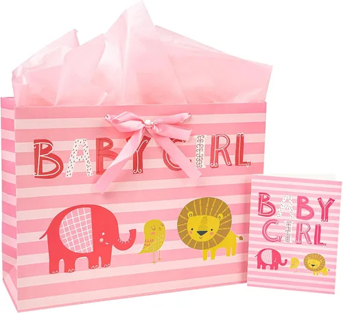 Vista 13 de Loveinside Bolsa de regalo para bebé niño con papel de seda y tarjeta de felicitación para baby shower, nuevos padres y más, diseño animal azul, 16