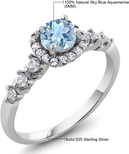 Vista 4 de Gem Stone King Anillo de compromiso de plata de ley 925 con topacio blanco y aguamarina para mujer de excelente corte para boda de lujo