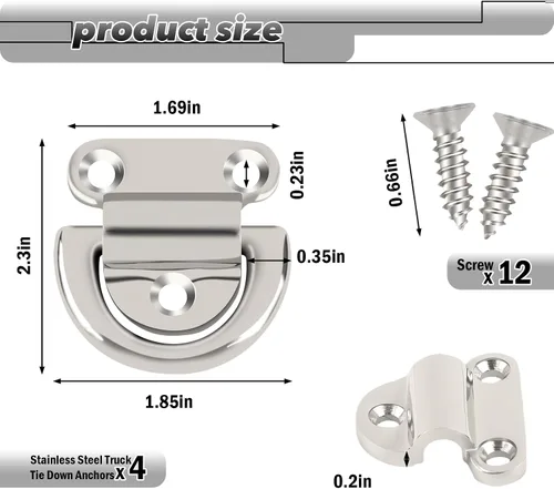 Vista 4 de Anclajes de amarre para camiones de acero inoxidable, ganchos de anillo en D plegables resistentes con tornillos, superficie altamente pulida