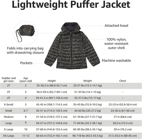 Vista 5 de Amazon Essentials Chaqueta acolchada con capucha ligera y resistente al agua para niñas y niños pequeños Negro