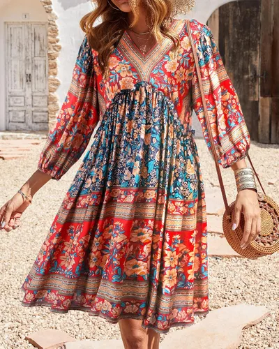 Vista 2 de BTFBM Vestidos casuales de primavera y verano para mujer cuello en V manga larga 34 volantes floral bohemio babydoll corto vestido de playa
