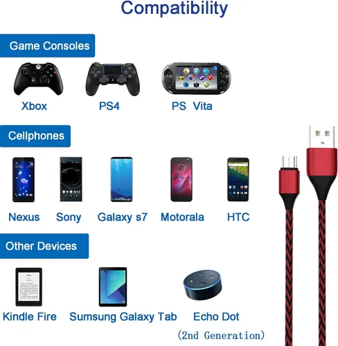 Vista 6 de Cargador para controlador PS4 Cable de carga 2 piezas de nailon trenzado Micro USB 2.0 de alta velocidad Cable de sincronización de datos para Xbox