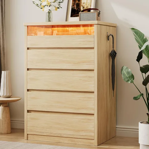 Vista 10 de Jocoevol - Cómoda más grande negra de 5 cajones para dormitorio con luz LED, cómoda moderna de madera con tiradores ocultos, cómoda alta para sala