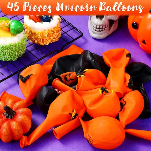 Vista 3 de Aoriher 45 globos de fiesta de Halloween, globos de látex negro naranja feliz Halloween impresos con calabaza, fantasma, murciélago, telaraña, bruja