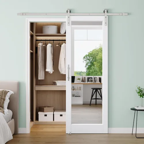 Vista 15 de 30"x84" 1-Lite Double Side Mirror Barn Door Slab with 6FT Track Kit, Handle White / 1-Lite Double Side Mirror