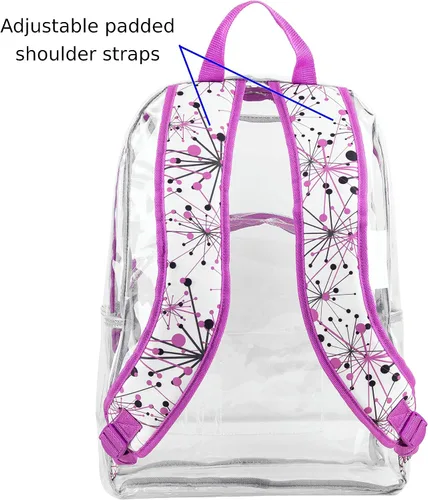 Vista 4 de Eastsport Mochila transparente aprobada para estadios, transparente, resistente, con correas acolchadas ajustables, TransparentePúrpuraSplatter