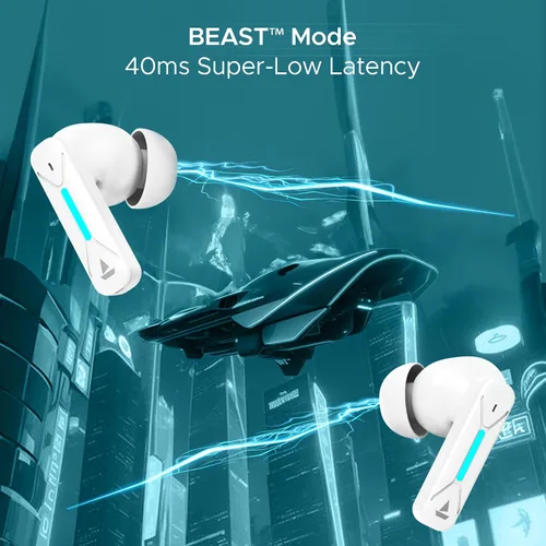 Vista 4 de boAt Immortal Airspeed Pro - Auriculares inalámbricos, 32dB ANC, 40 ms de latencia, reproducción de 40 horas, 4 micrófonos, luces LED, sable blanco