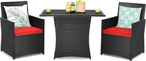 Vista 13 de Tangkula Juego de comedor de mimbre de 3 piezas, 2 sillas de ratán con mesa de comedor rectangular de vidrio templado, juego de conversación al aire