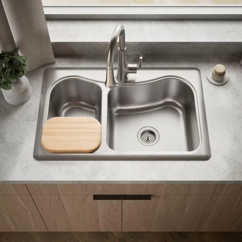 Vista 9 de KOHLER Fregadero de cocina Staccato™ de 33 x 22 pulgadas, fregadero de cocina de acero inoxidable Lrg/Med SS 1 agujero, cuenco doble, K-3361-1-NA