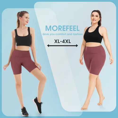 Vista 14 de MOREFEEL Pantalones cortos de ciclismo de talla grande de 8 pulgadas con bolsillos para mujer, cintura alta, control de abdomen, pantalones cortos