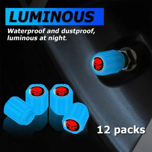 Vista 4 de 12 piezas de tapones fluorescentes con forma de calavera para válvulas de neumáticos de automóvil, cubierta de válvula de rueda de ABS resistente a