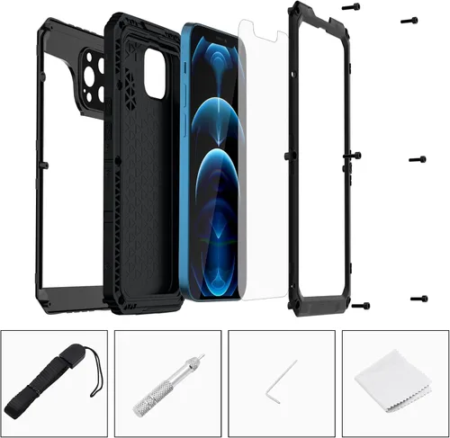 Vista 5 de Mitywah Funda impermeable para iPhone 12 Pro Max, funda de metal resistente de grado militar, protección de cuerpo completo, resistente, a prueba