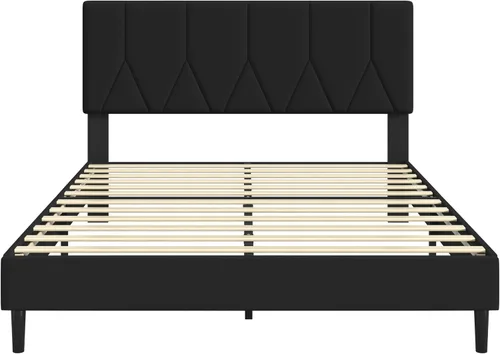 Vista 8 de Base de cama tamaño Queen, base de cama de plataforma con cabecera tapizada de terciopelo, base de colchón tapizada Queen con listones de madera
