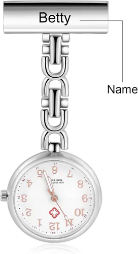 Vista 3 de Relojes de enfermera para enfermeras, médicos, relojes de enfermería personalizados, con nombre grabado, pin de solapa en el reloj de enfermería