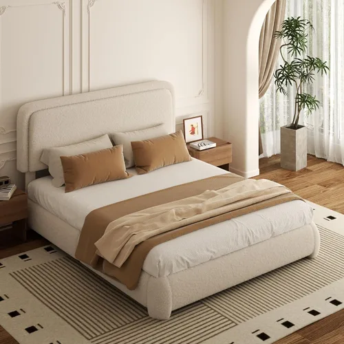 Vista 5 de Base de cama tamaño Queen, marco de cama de terciopelo Teddy Boucle con cabecera tapizada ajustable de 43.3"/45.3", esquinas redondeadas, base