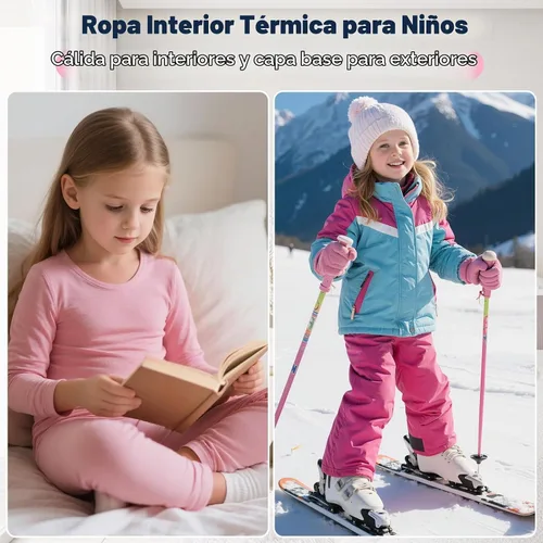 Vista 4 de Ropa interior térmica para niños pequeños, conjuntos de capa base de invierno tipo Long Johns para niñas y niños Un rosa oscuro.