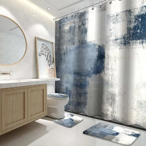 Vista 21 de Lnond 4 Piezas Juegos de Cortinas de Ducha de Baño Moradas con Alfombras, Arte de Pintura Púrpura y Gris Juegos de Baño con Cortina de Ducha