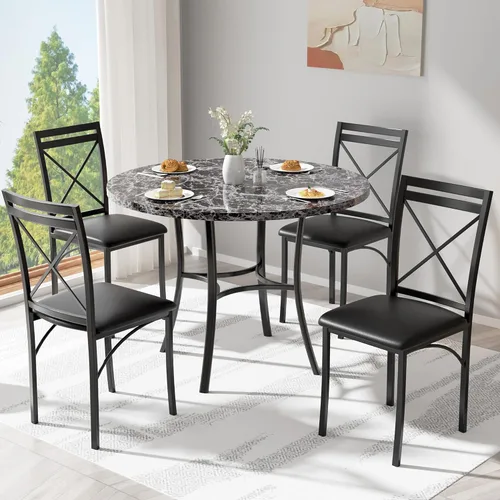 Vista 7 de VECELO Juego de 4 sillas de comedor de metal, patas de acero y asientos acolchados de piel sintética para cocina, sala de estar, color negro